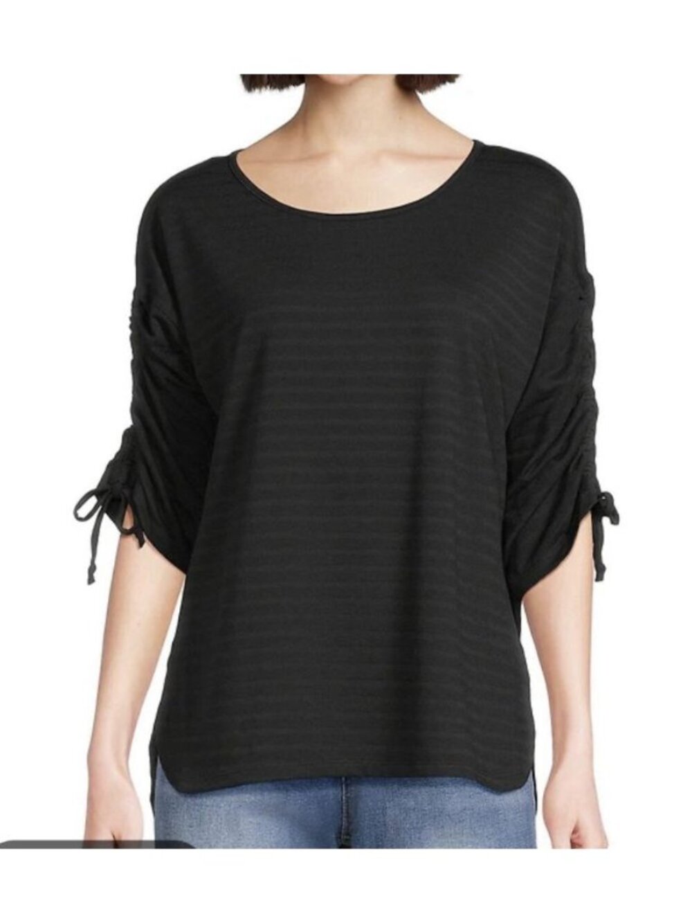 Westbound Top Womens Large Black Ruched 3/4 Sleeve Knit Stripe Crew Neck NEW